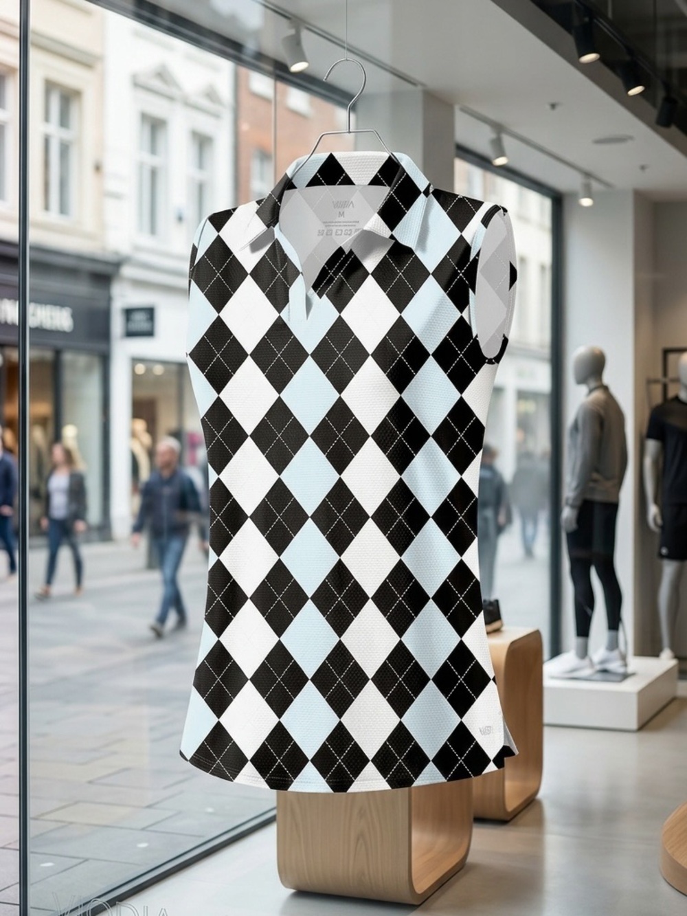 Sleeveless Argyle Polo Top — Black, White & Light Blue
